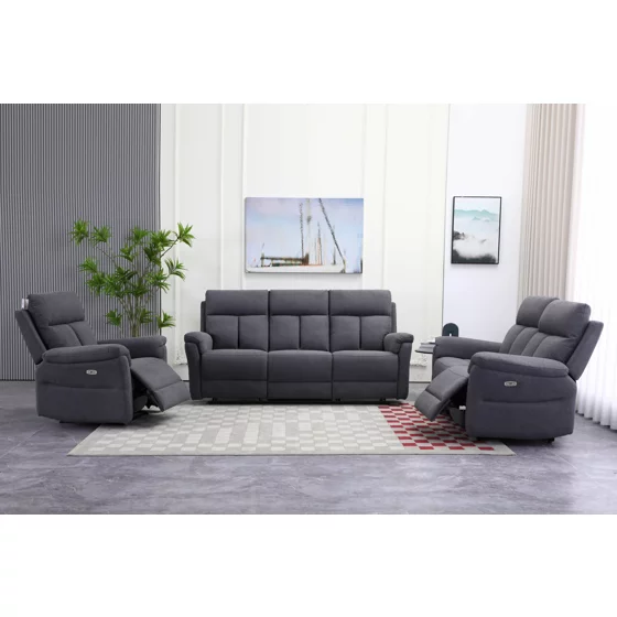 Set Recliner Baxter, Canapea 3 Locuri + Canapea 2 Locuri + Fotoliu, Actionare Electrica, Stofa Gri picture - 1