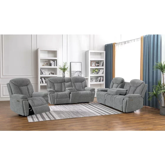 Set Recliner Electric Snug 3L+2R+1R, Canapea 3L - 228x96x106 h cm, Canapea 2R + Bar - 201x96x106 cm, Fotoliu - 107x96x106 h cm, Stofa, Gri picture - 1