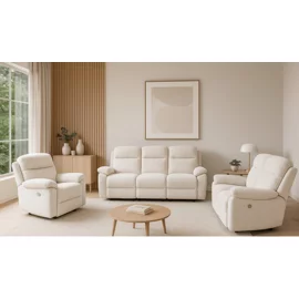 Set Recliner Luvia 9939M, Canapea 3 Locuri + Canapea 2 Locuri + Fotoliu, Actionare Electrica, Stofa Beige Deschis