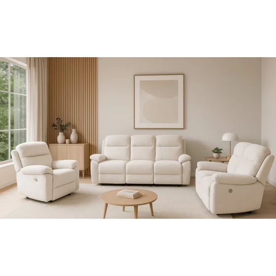 Set Recliner Luvia 9939M, Canapea 3 Locuri + Canapea 2 Locuri + Fotoliu, Actionare Electrica, Stofa Beige Deschis picture - 1