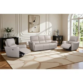 Set Recliner Nubello, Canapea + 2 Fotolii, Actionare Electrica, Piele Naturala, Crem Inchis
