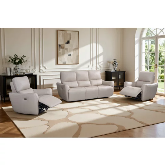 Set Recliner Nubello, Canapea + 2 Fotolii, Actionare Electrica, Piele Naturala, Crem Inchis picture - 1