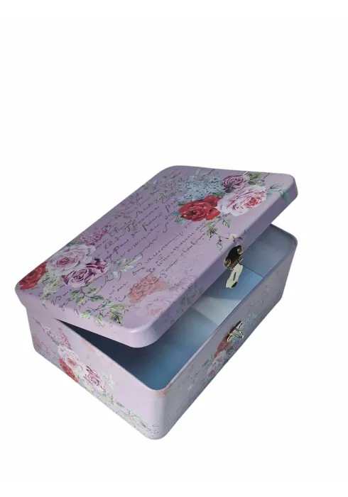 Cutie Decorativa Metalica cu lacat, Patrata, Model Flowers, 21x15.4x7.8cm, mov picture - 2