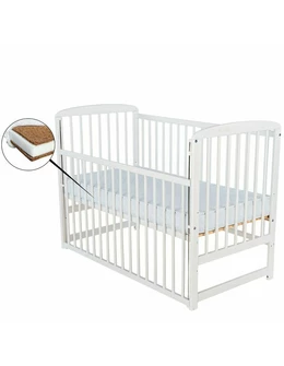 BabyNeeds - Patut din lemn Ola 120x60 cm, Cu laterala culisanta, Din lemn de pin, Stabil si rezistent, Inaltime saltea reglabila pe 3 nivele, Laterala cu 3 bete detasabile, EN716-1, EN716-2, Alb + Saltea 12 cm 1