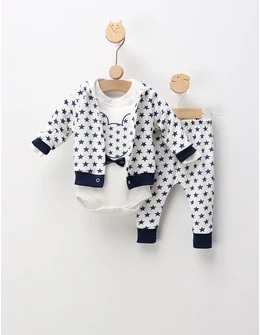 Compleu 3 piese Miky Stars, alb-bleumarin