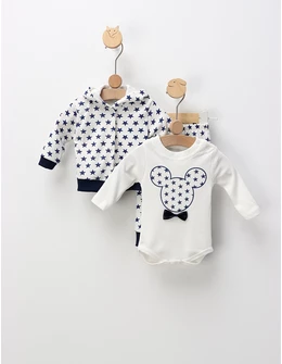 Compleu 3 piese Miky Stars, alb-bleumarin