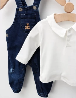 Compleu cu salopeta de blug+bluza, alb-albastru