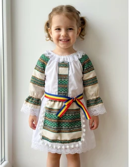 Costum popular fetite Otilia verde-crem