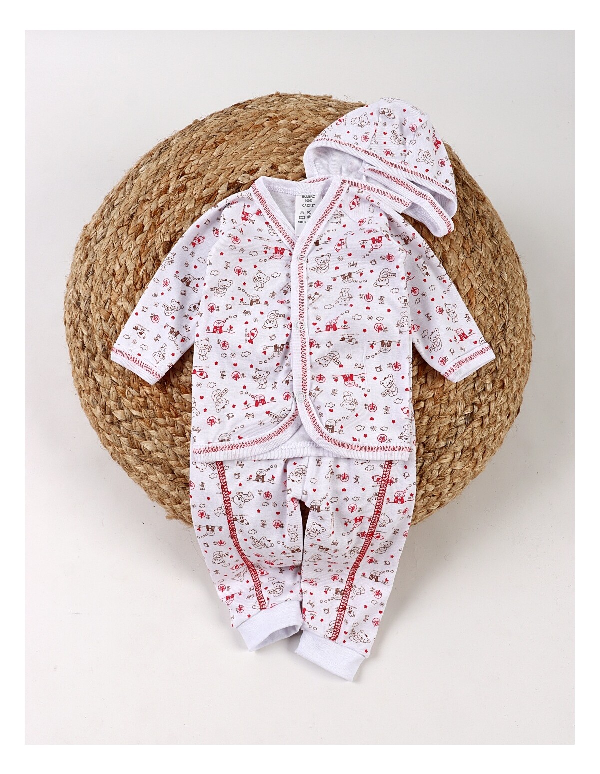 Costumas 3 piese, bebelusi Baby-Bird, alb-rosu