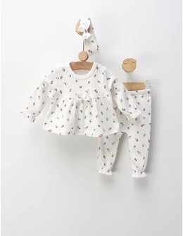 Costumas 3 piese, imprimat floricele, alb