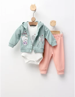 Costumas 3 piese, Loving Bear, verde-corai