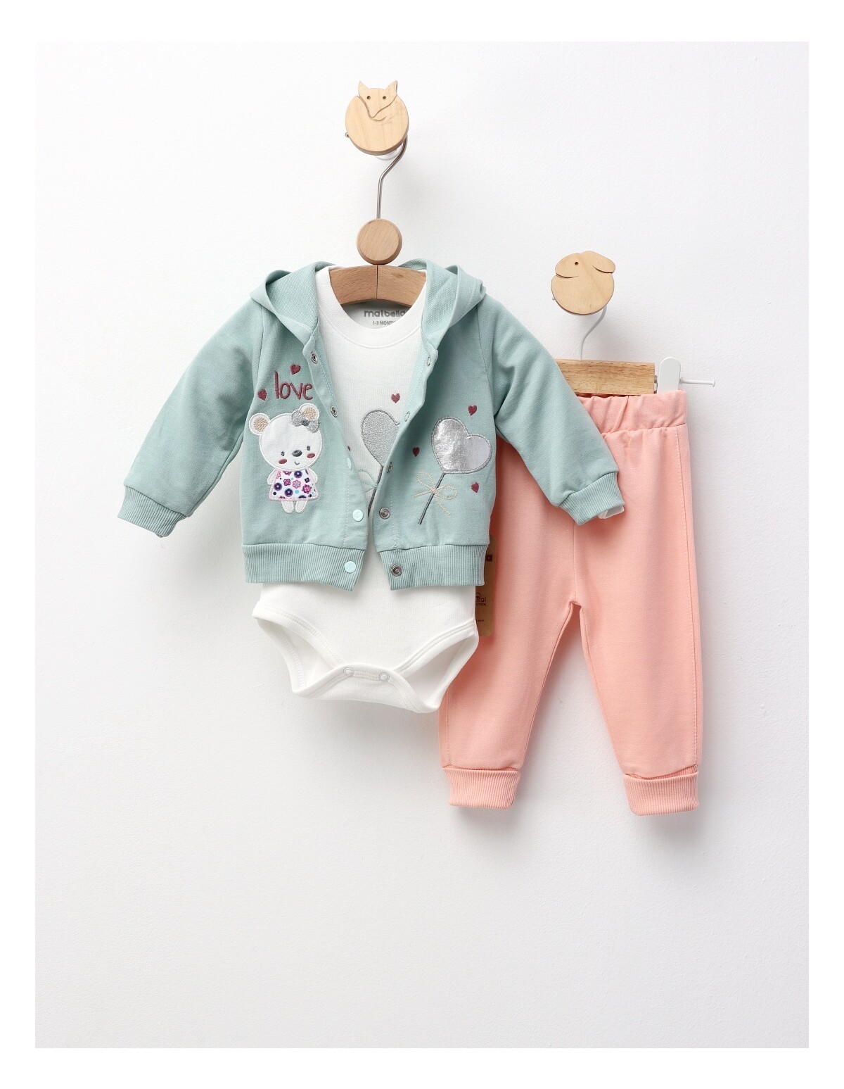 Costumas 3 piese, Loving Bear, verde-corai