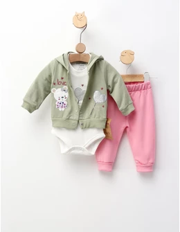 Costumas 3 piese, Loving Bear, verde-roz