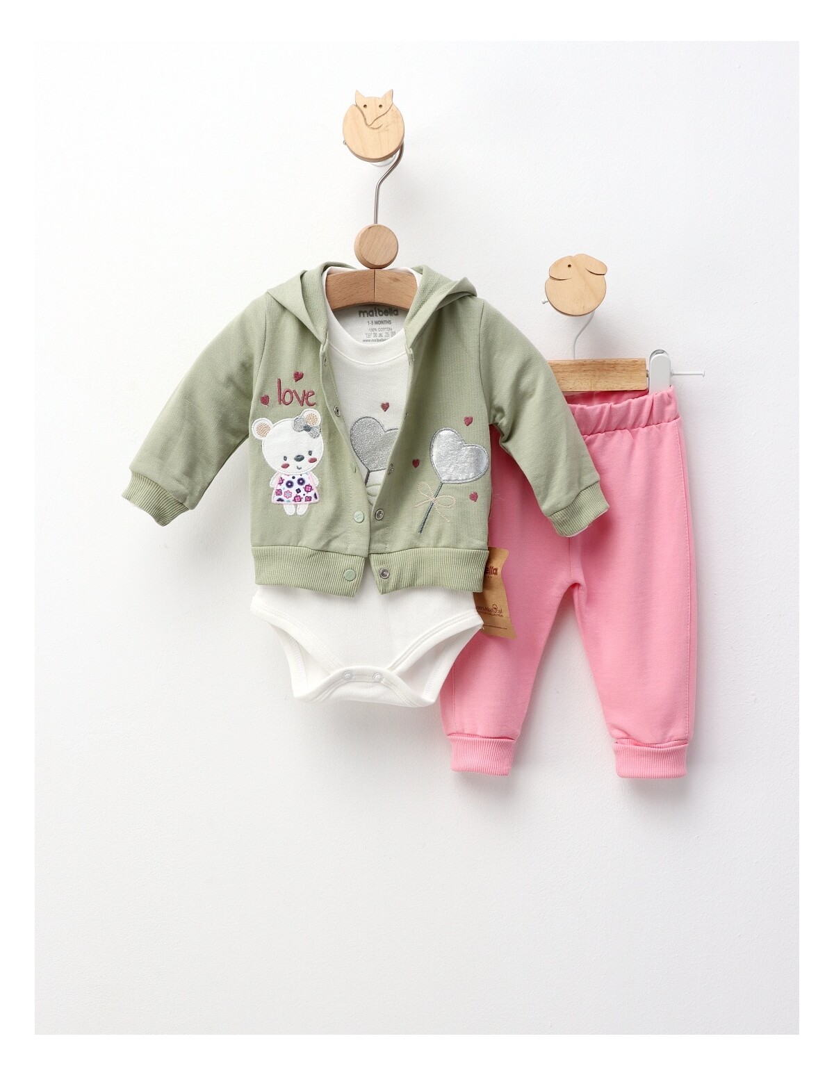 Costumas 3 piese, Loving Bear, verde-roz
