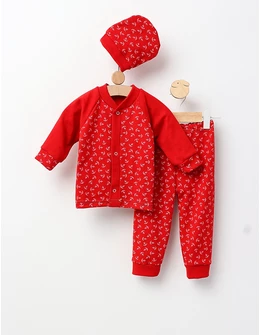 Costumas bebe, bumbac 3 piese, rosu