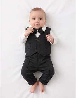 Costumas elegant Andrei, cu papion, alb-negru