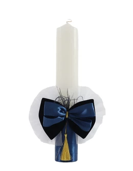 Lumanare botez cu tulle, fundita si ciucuras model bleumarin 1