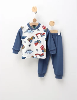 Pijama Construction & Dino, alb-albastru