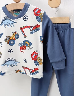 Pijama Construction & Dino, alb-albastru