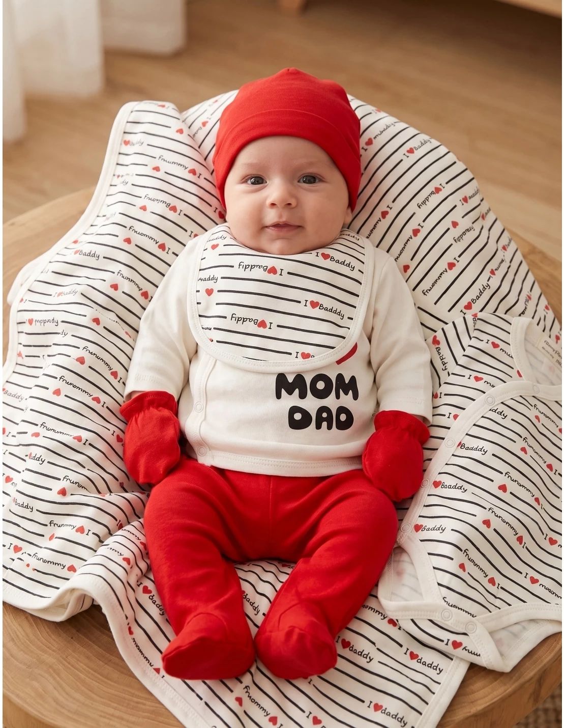 Set 7 piese, Imprimat I love Mom Dad, cu rosu