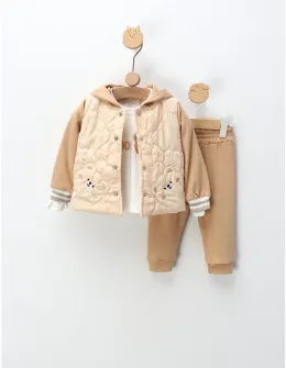 Compleu 3 piese cu geaca, Teddy Bear, crem