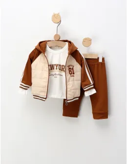 Compleu 3 piese New York Varsity, crem-maro