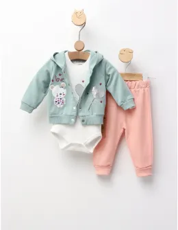 Costumas 3 piese, Loving Bear, verde-corai