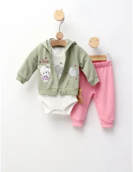 Costumas 3 piese, Loving Bear, verde-roz