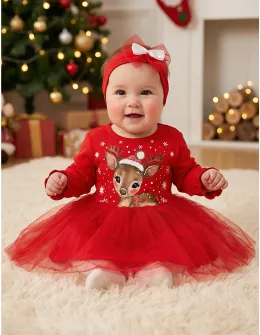 Rochita cu bentita Craciun Cute Deer rosu