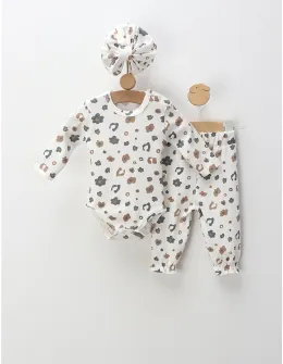 Set 3 piese, cu turban, body, pantaloni, alb