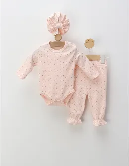 Set 3 piese, cu turban, body, pantaloni, Inimioare, corai