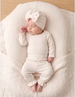 Set 3 piese, cu turban, body, pantaloni, Inimioare, ecru