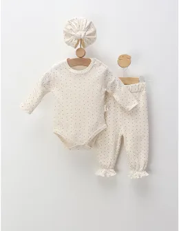 Set 3 piese, cu turban, body, pantaloni, Inimioare, ecru