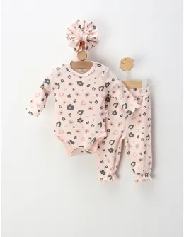 Set 3 piese, cu turban, body, pantaloni, roz