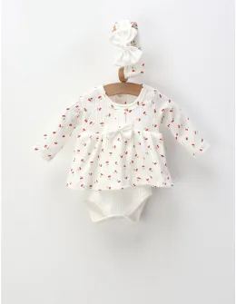 Set body stil fustita + bentita, ciresele, alb-rosu