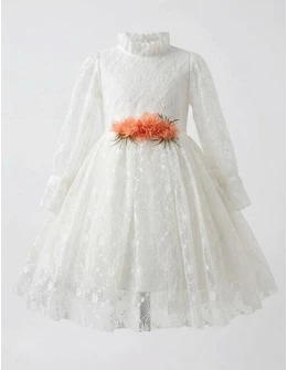 Rochita cu broderie si fundita Anisa, alb corai