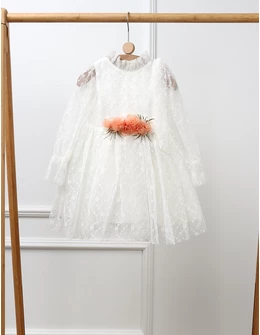 Rochita cu broderie si fundita Anisa, alb corai