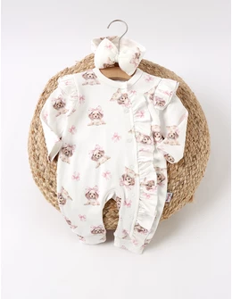 Salopeta cu bentita Puppy, alb-roz