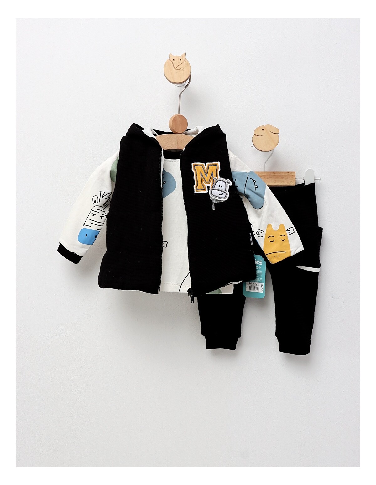 Set 3 piese, cu vesta, Animalute, cu negru