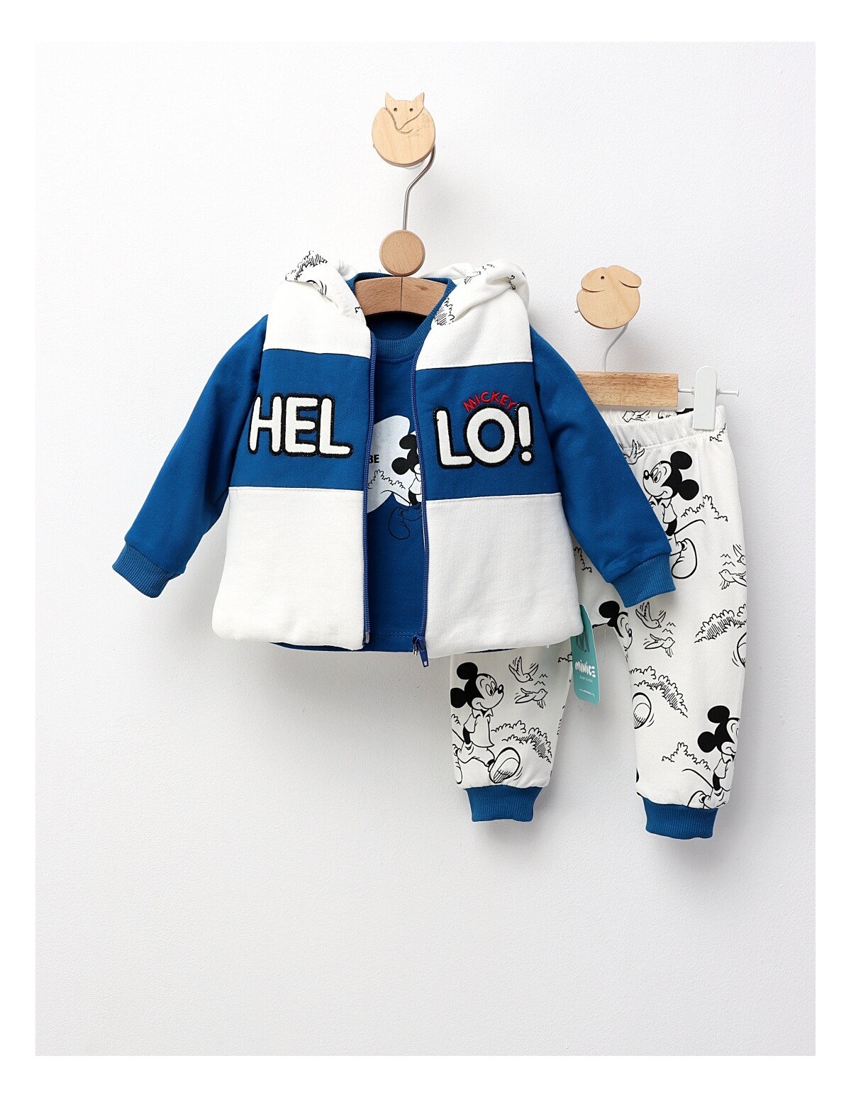 Set 3 piese, cu vesta, Hello Mickey, cu albastru