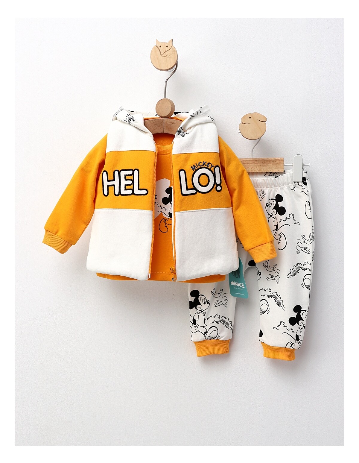 Set 3 piese, cu vesta, Hello Mickey, cu galben