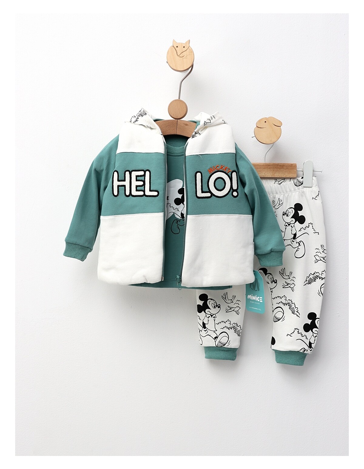 Set 3 piese, cu vesta, Hello Mickey, cu verde