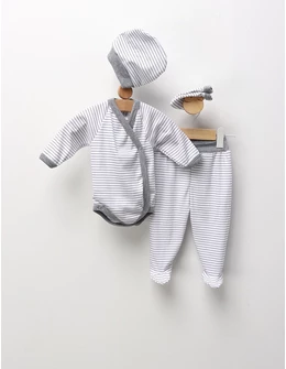 Set 4 piese bebe, cu dungute, alb-gri