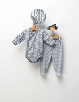 Set 4 piese bebe, cu dungute, albastru-gri