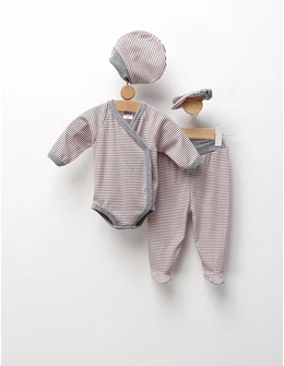 Set 4 piese bebe, cu dungute, roz-gri
