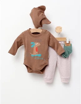 Set 4 piese bebe, Happines Comes, maro