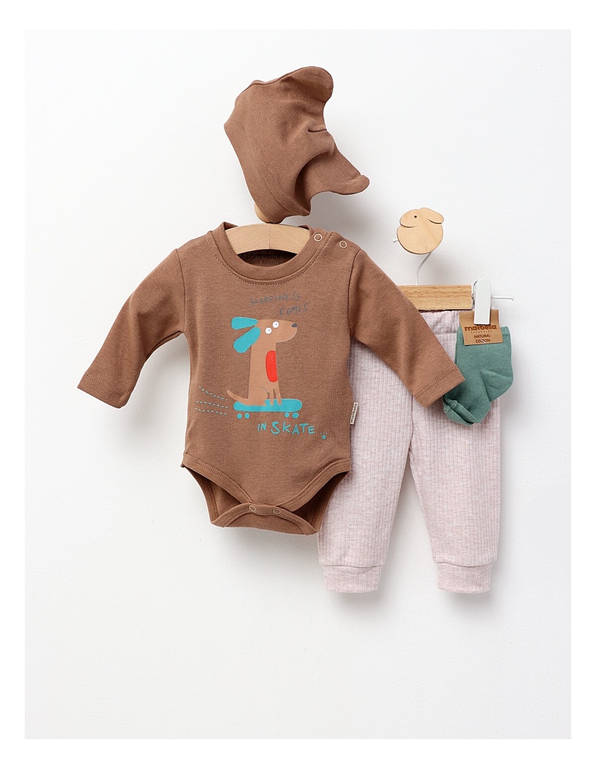 Set 4 piese bebe, Happines Comes, maro