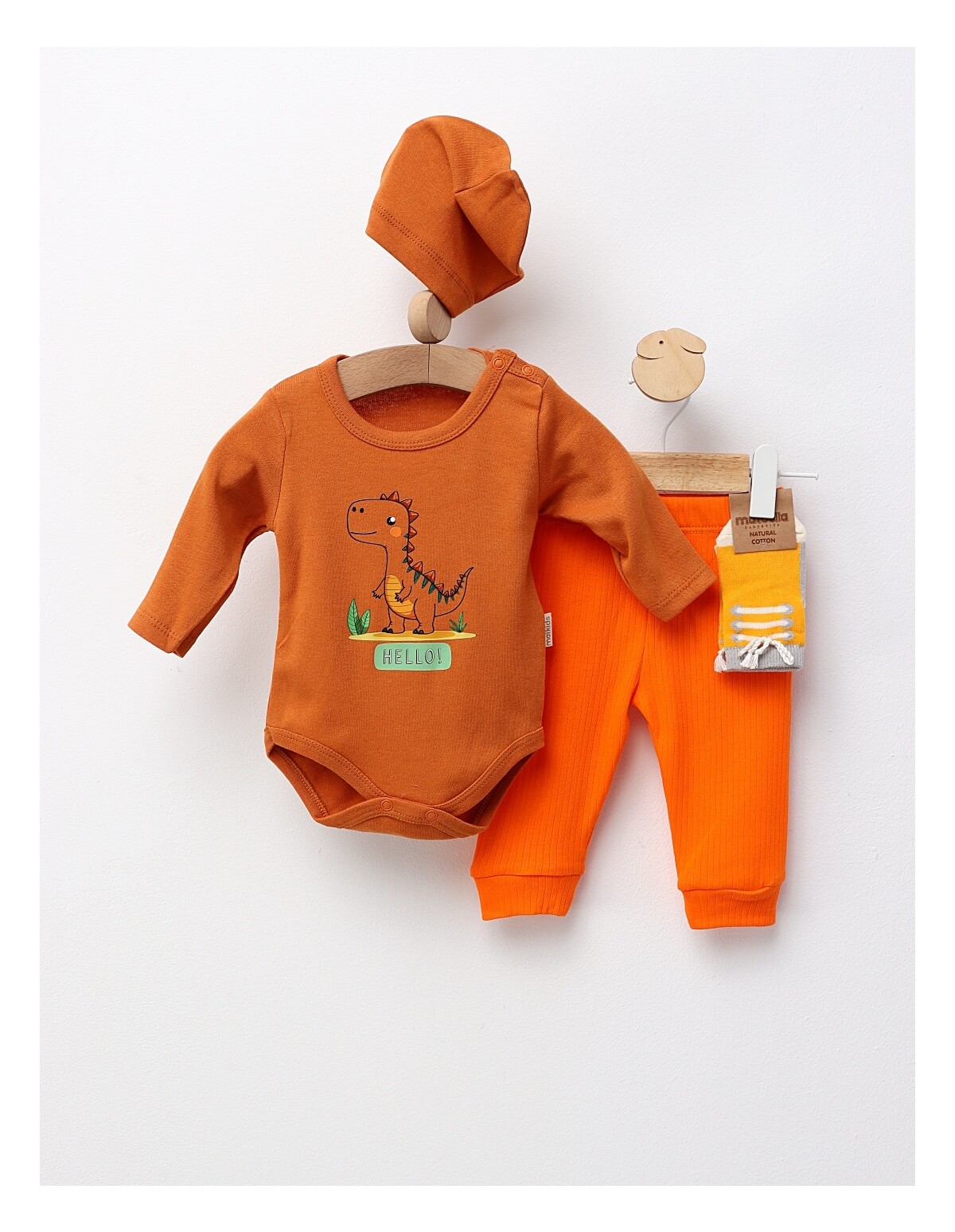 Set 4 piese bebe, Hello Dino!, caramiziu