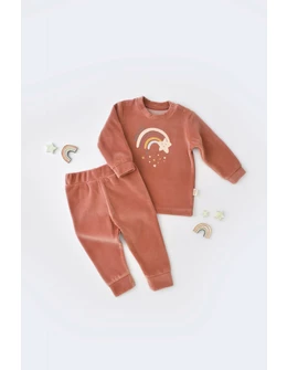Set Curcubeu cu bluzita cu maneca lunga si panataloni lungi din 80%bumbac organic si 20% poliester - Caramiziu, Baby Cosy
