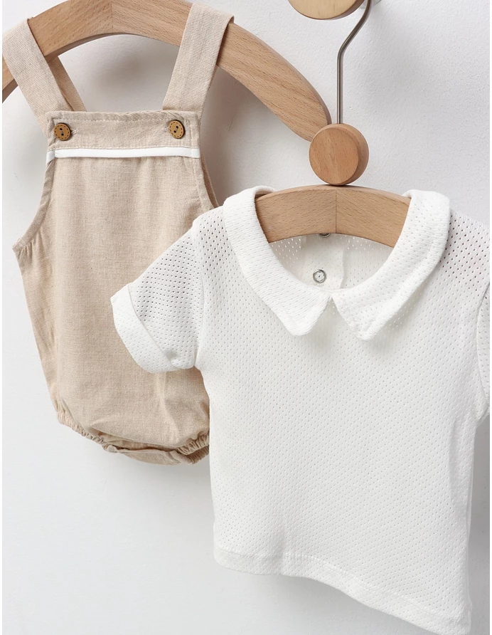 Set de vara, salopeta muselina+tricou, alb-crem picture - 3